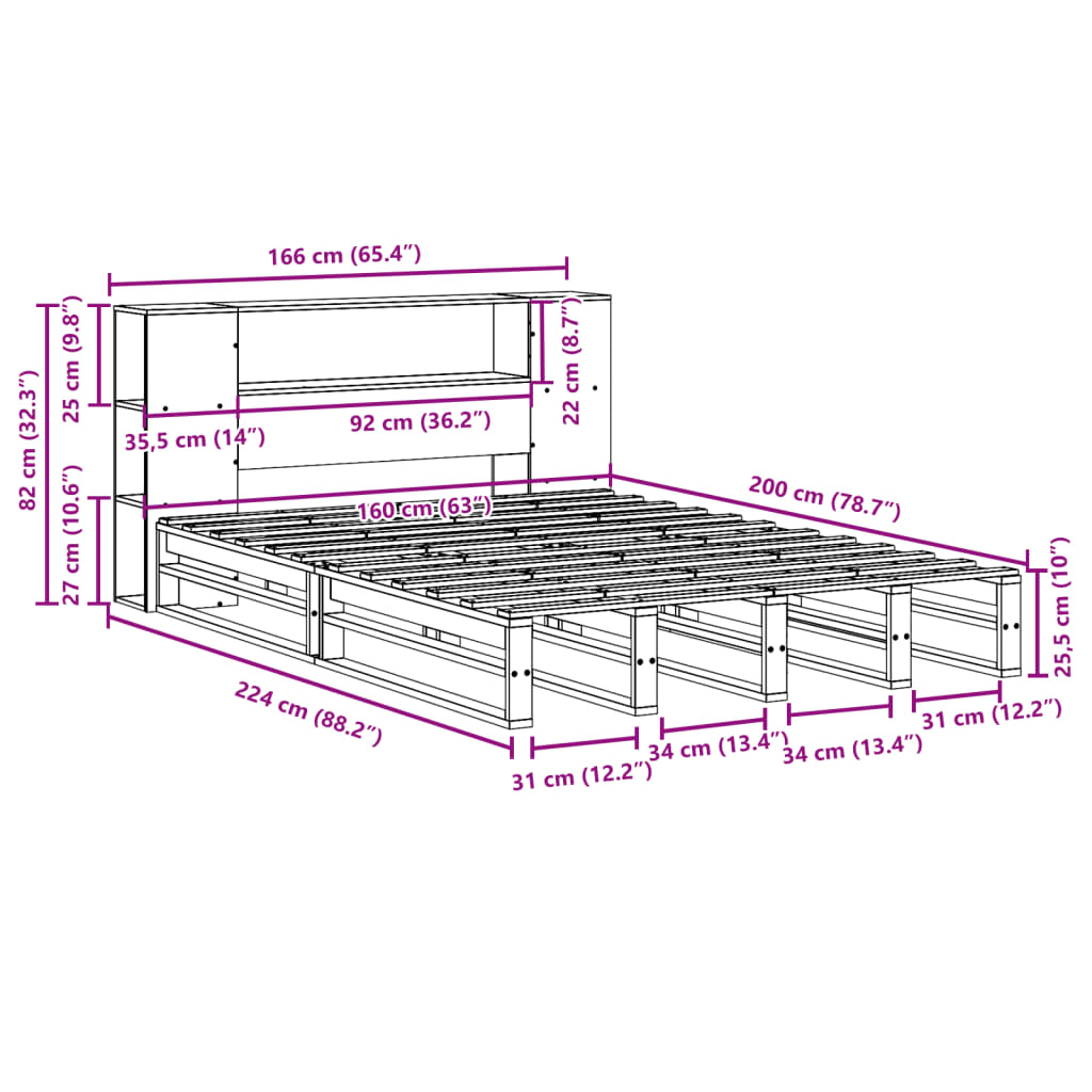 Krevet s regalom za knjige bez madraca 160x200 cm masivno drvo