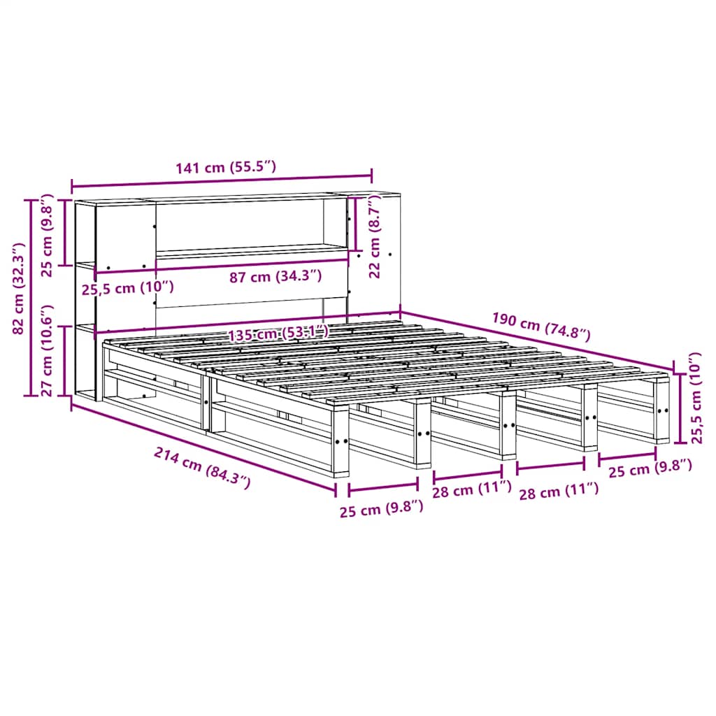Krevet s regalom za knjige bez madraca 135x190 cm masivno drvo