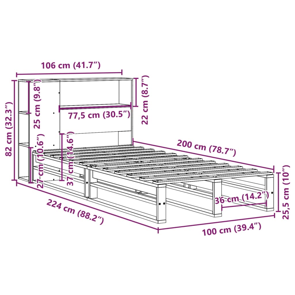 Krevet s regalom za knjige bez madraca 100x200 cm masivno drvo