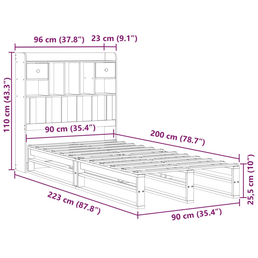 Krevet s regalom za knjige bez madraca 90x200 cm od borovine