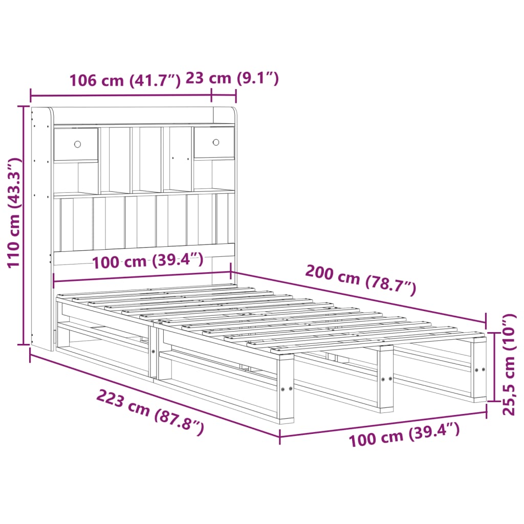 Krevet s regalom za knjige bez madraca 100 x 200 cm od borovine
