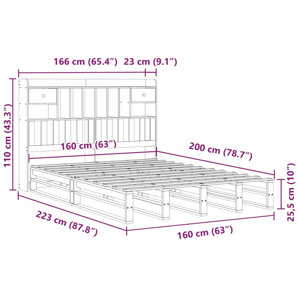 Krevet s regalom z knjige bez madraca bijeli 160x200cm borovina