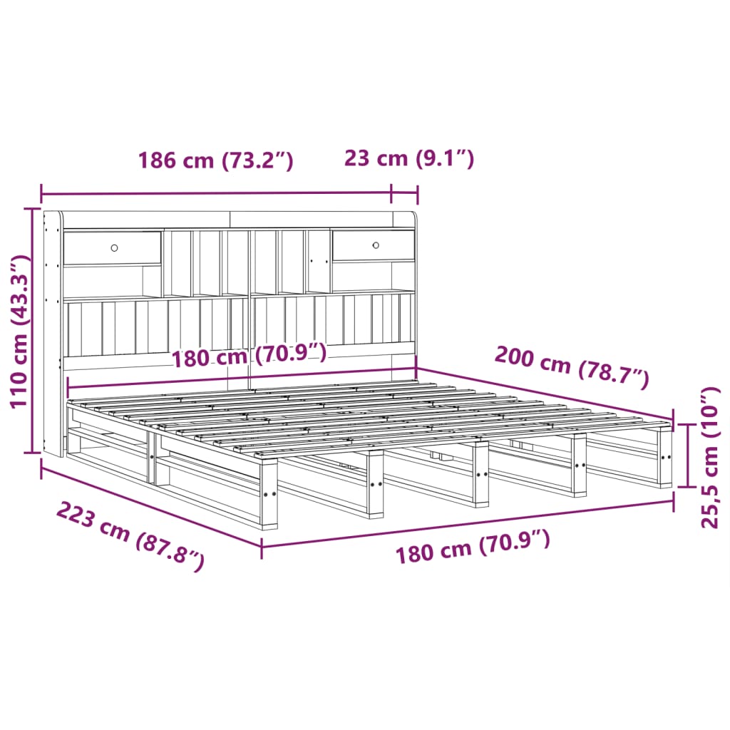 Krevet s regalom z knjige bez madraca bijeli 180x200cm borovina