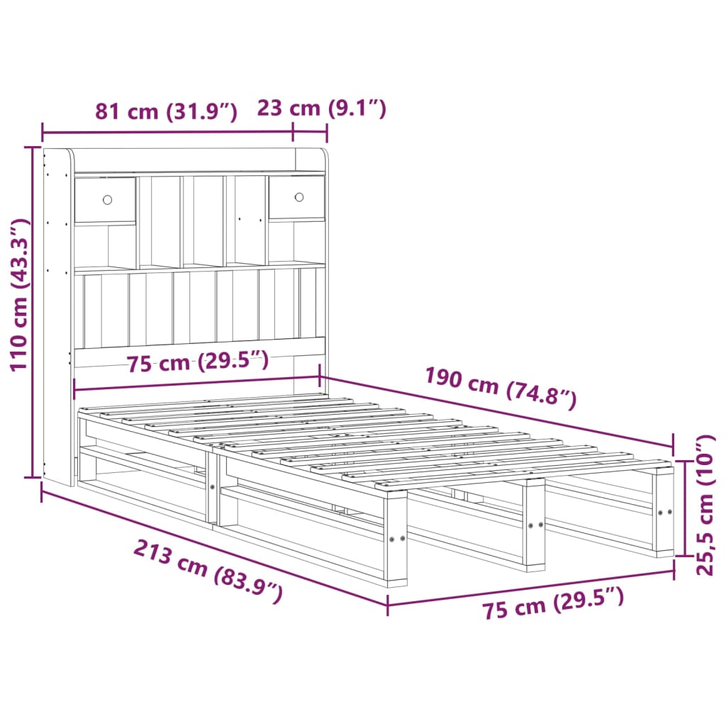 Krevet s regalom za knjige bez madraca 75 x 190 cm od borovine
