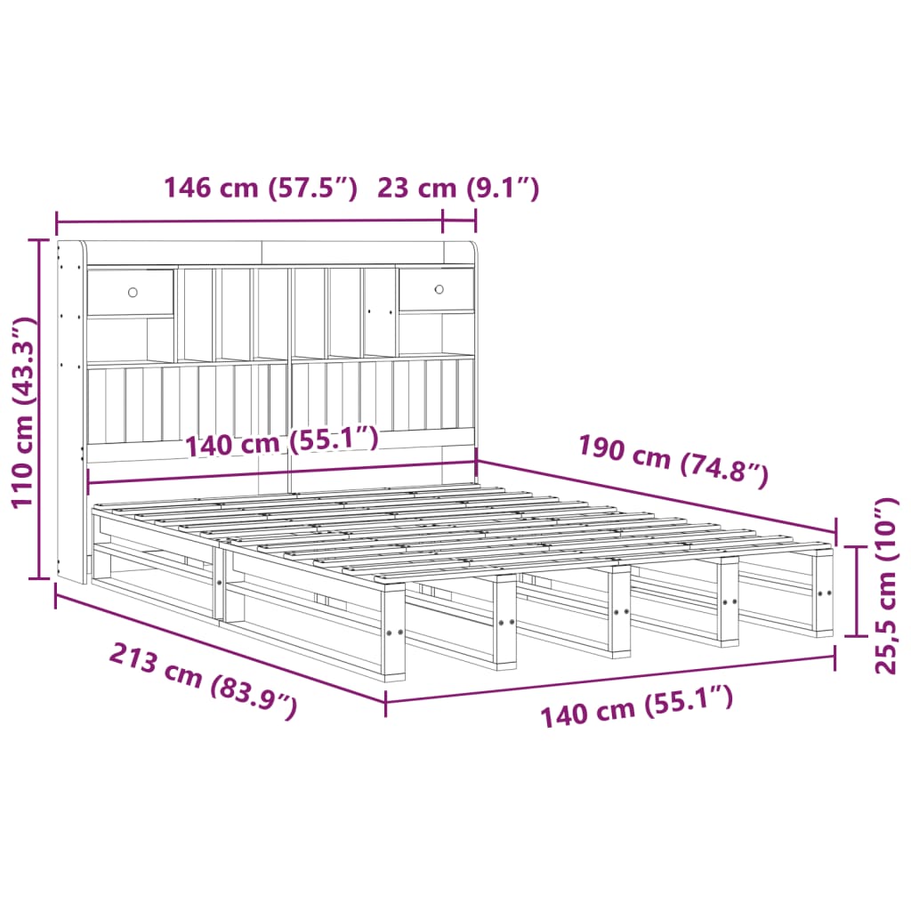 Krevet s regalom za knjige bez madraca 140 x 190 cm od borovine
