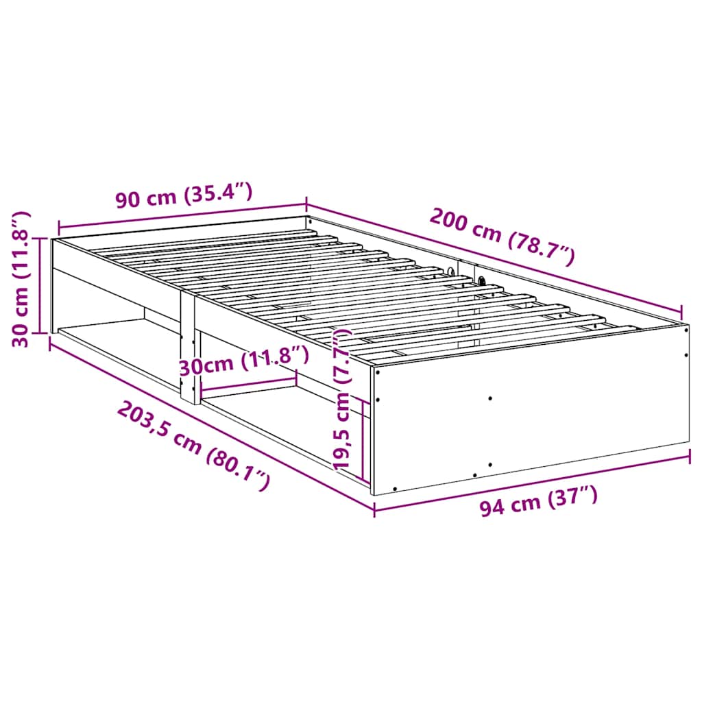 Dnevni krevet bez madraca bijeli 90 x 200 cm masivna borovina
