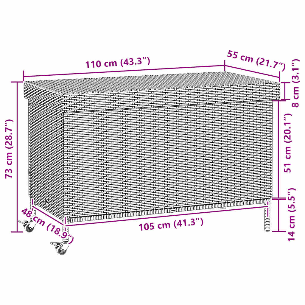 Vrtna kutija za pohranu s kotačima siva 110x55x73 cm poliratana