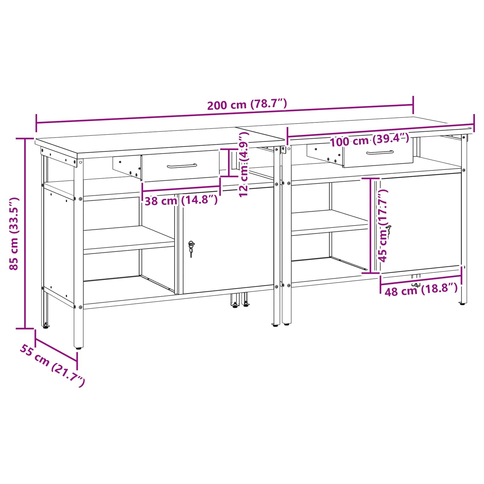 Set radnog stola s ladicama 2 pcs Crna i Siva 200 x 55 x 85 cm