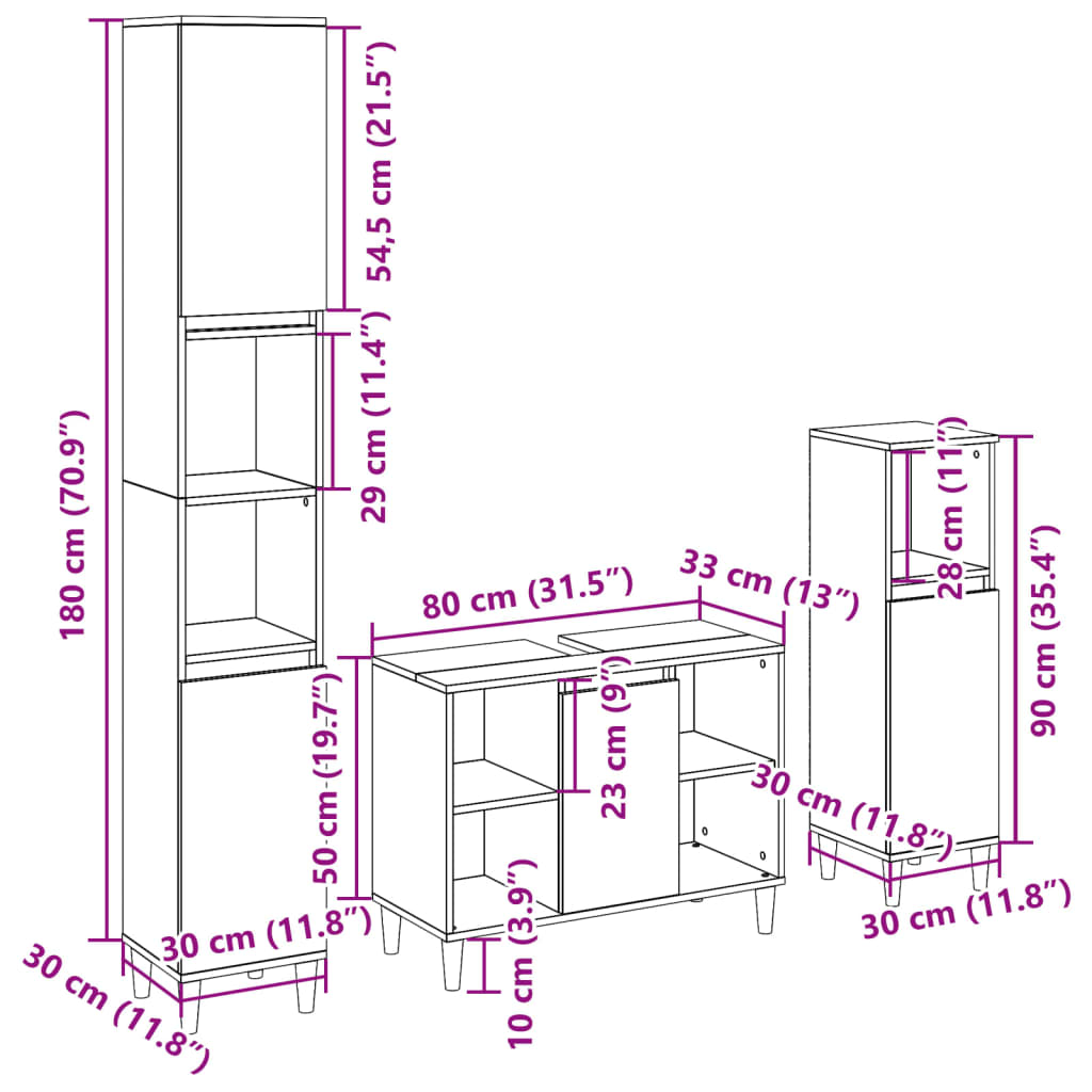 3-dijelni set kupaonskog namještaja boja hrasta sonome drveni