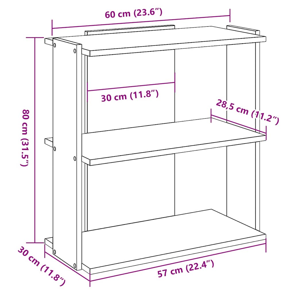 Regal za knjige s 3 razine boja hrasta 60x30x80 cm drveni