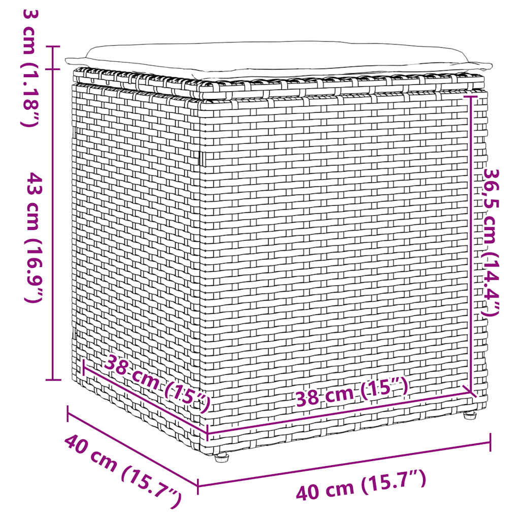 Vrtni tabure s jastucima 2 kom sivi 40x40x43 cm poliratan