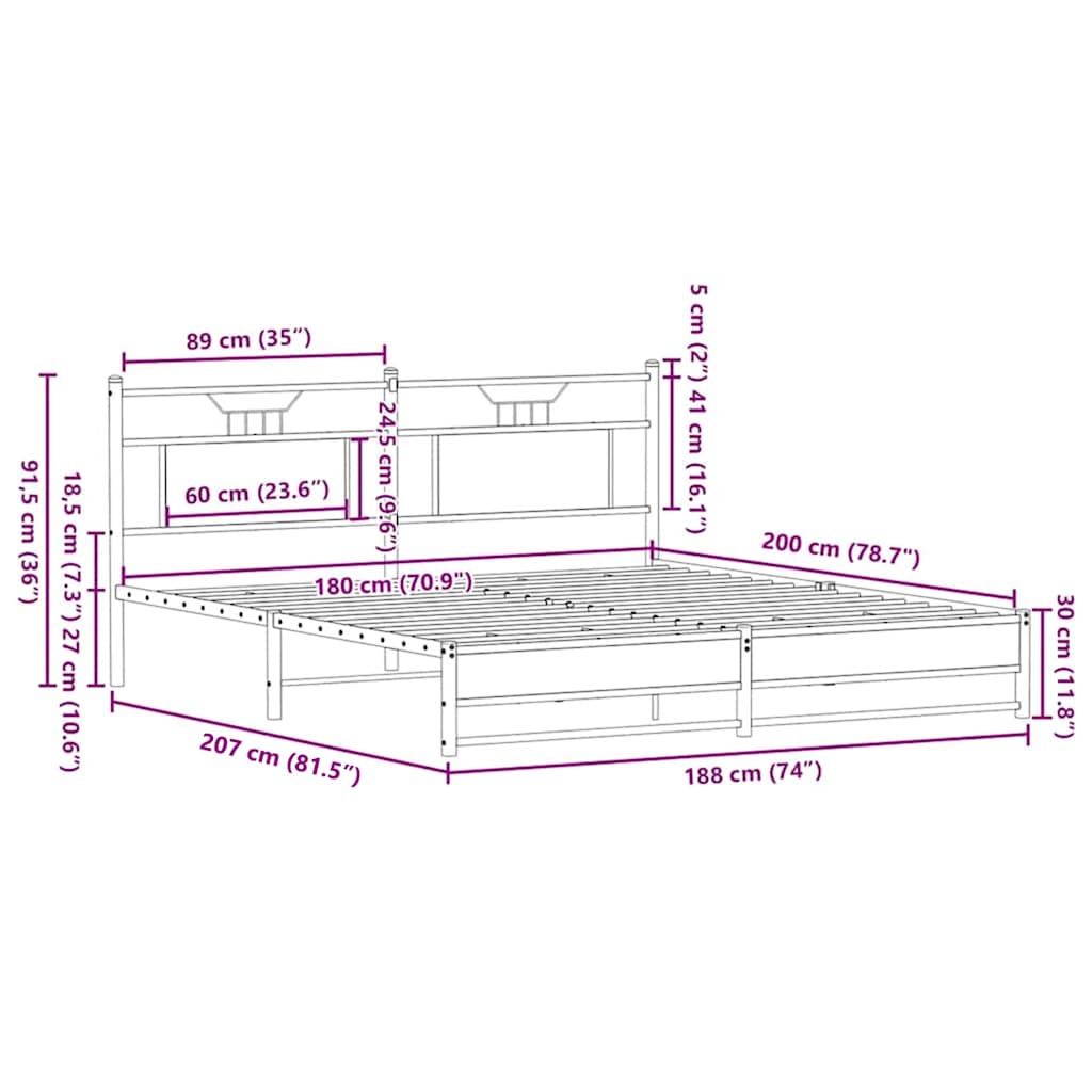 Metalni okvir kreveta bez madraca smeđa boja hrasta 180x200 cm