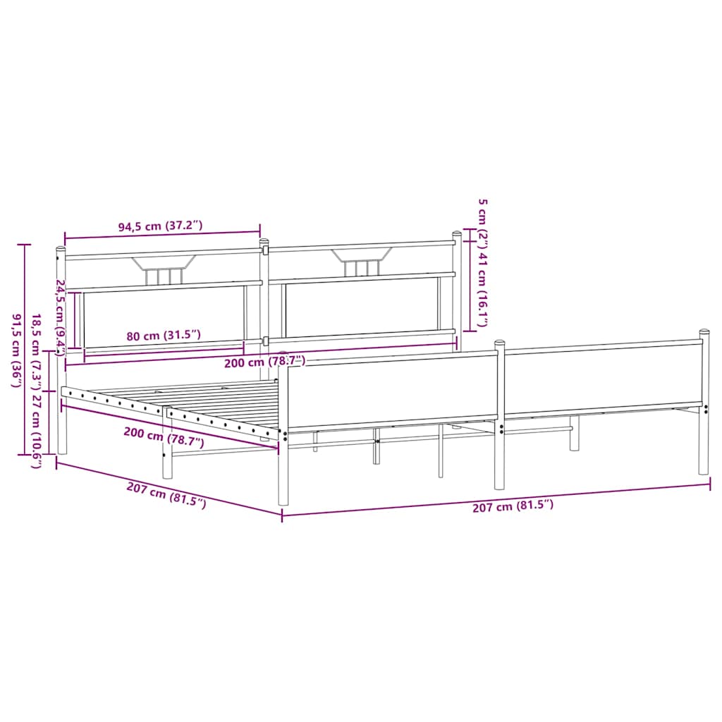 Metalni okvir kreveta bez madraca smeđa boja hrasta 200x200 cm