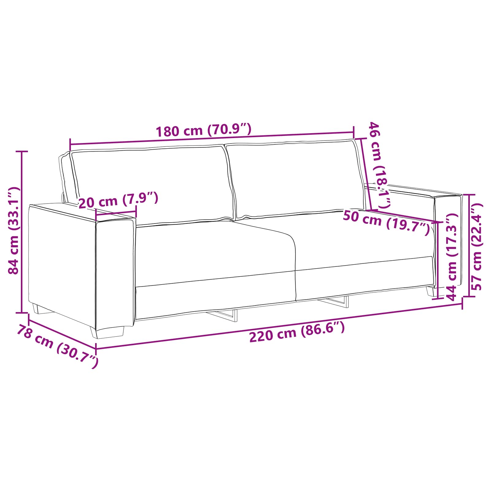 Sofa 3 pcs Tamno siva 220 x 80 x 84 cm Platnasta tkanina