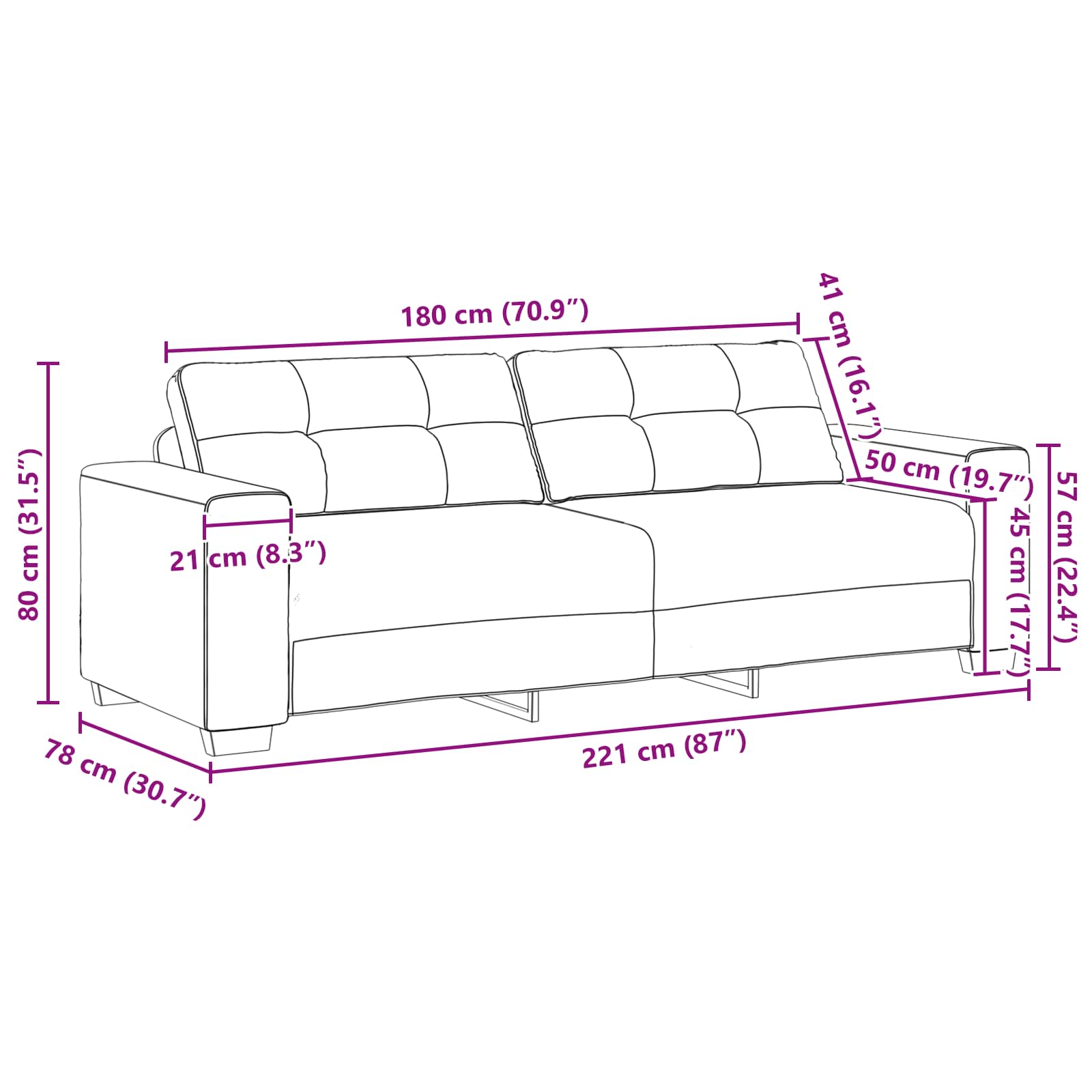 Sofa 3 pcs Tamno siva 221 x 80 x 80 cm Platnasta tkanina