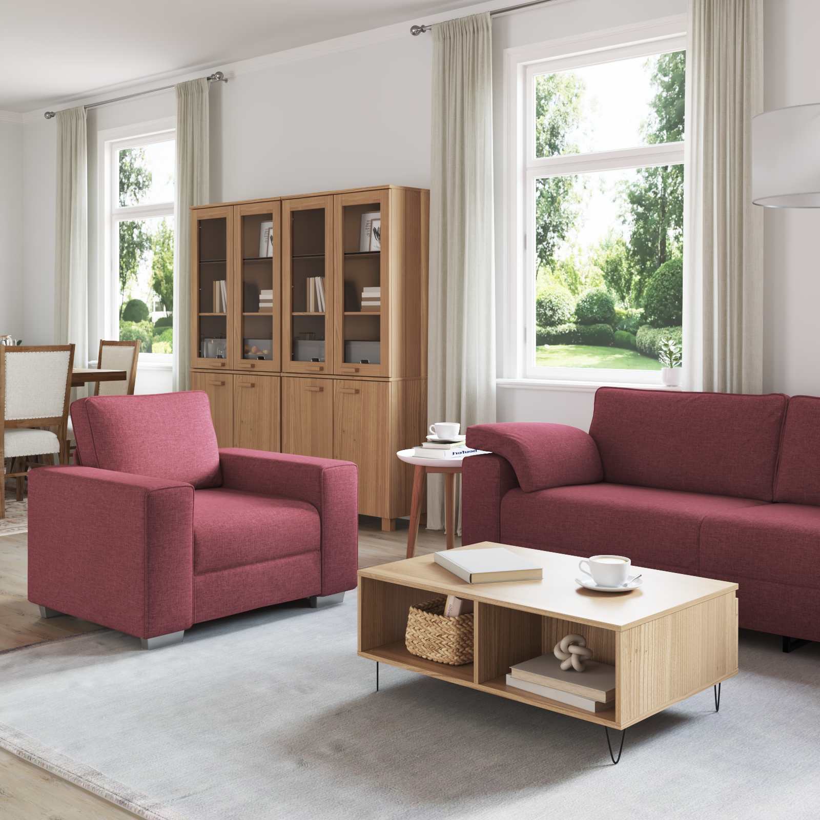 Sofa 3 pcs Vjetrovita Crvena 219 x 80 x 82 cm Platnasta tkanina