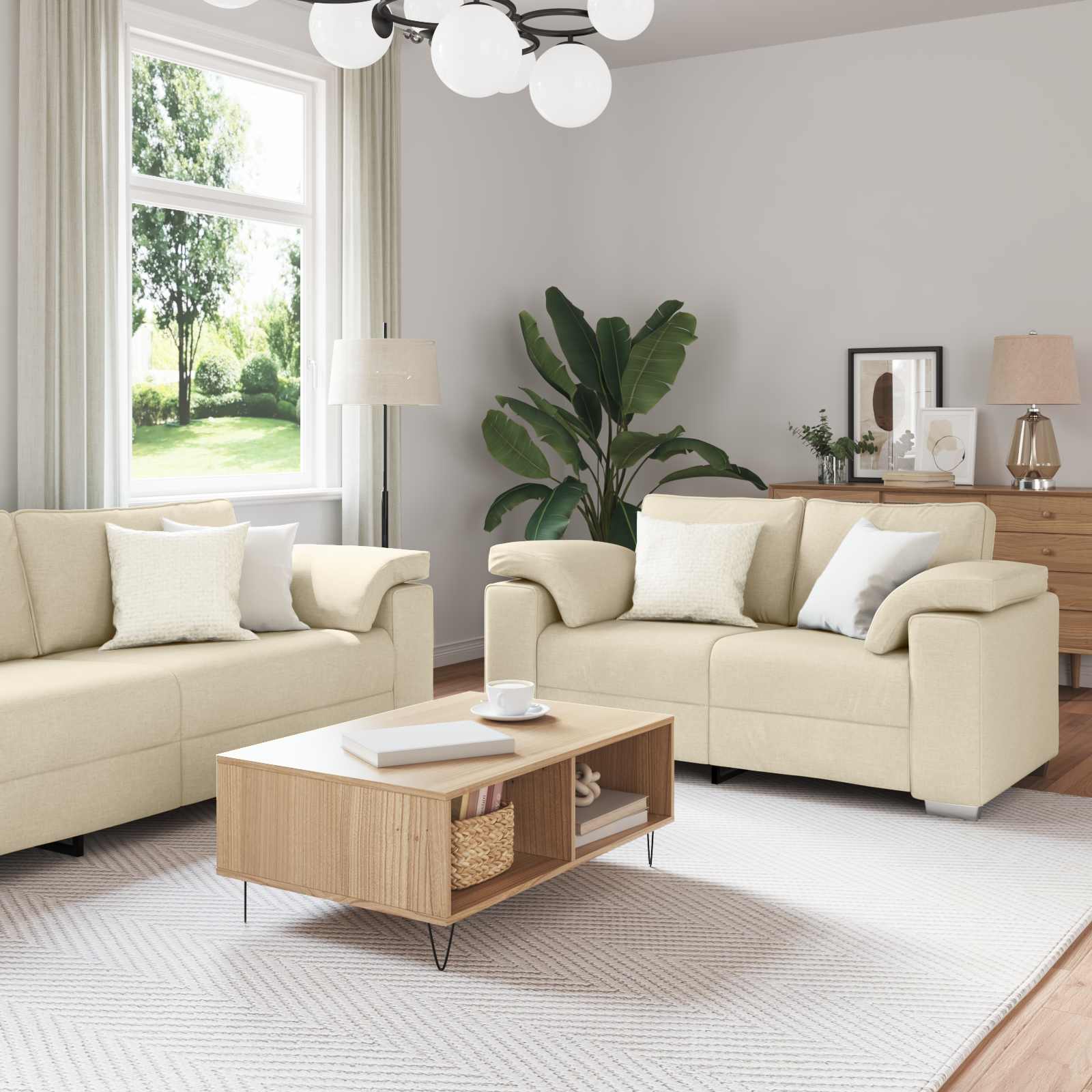 Sofa 3 pcs Krema 219 x 80 x 82 cm Platnasta tkanina
