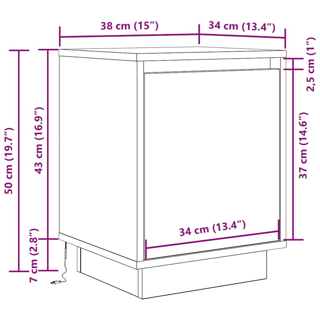 Noćni ormarić s LED svjetlima boja dimljenog hrasta 38x34x50 cm