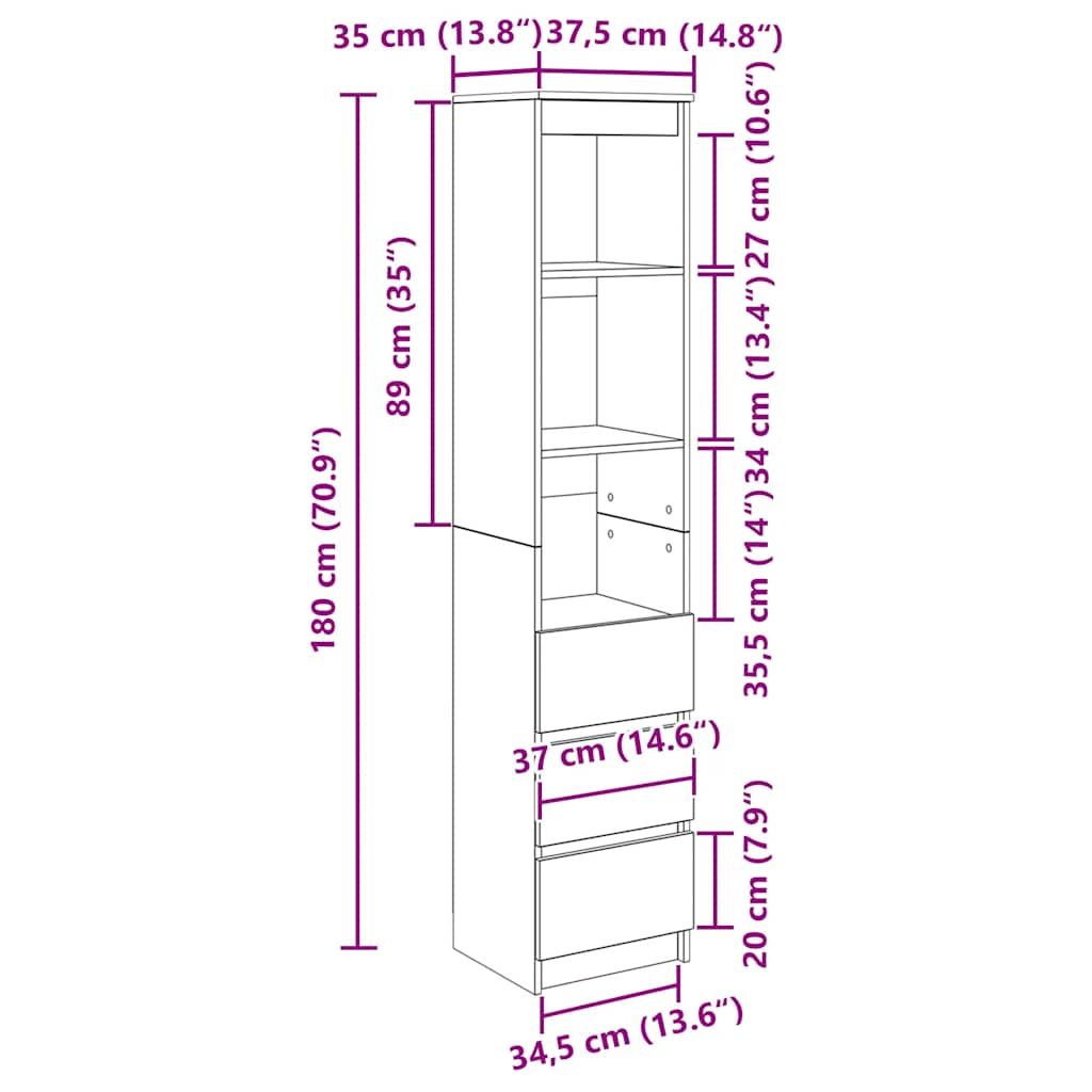 Visoka ploča bijela 37,5x35x180 cm izrađeno drvo