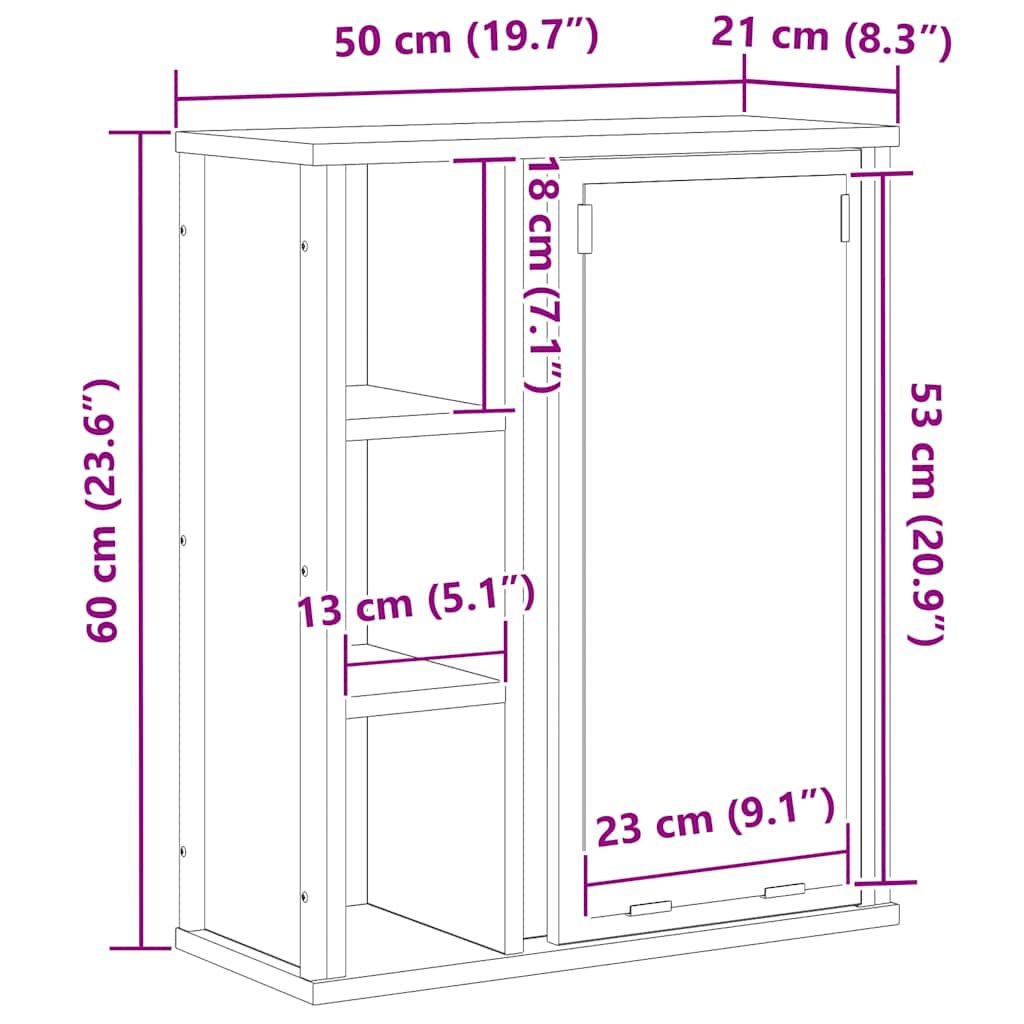 Kupaonski zidni ormarić s ogledalom smeđi hrast 50x21x60 cm
