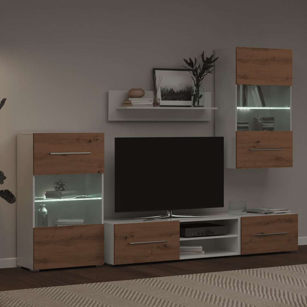 TV elementi od 5 dijelova s LED rasvjetom, umjetni hrast, inženjersko drvo