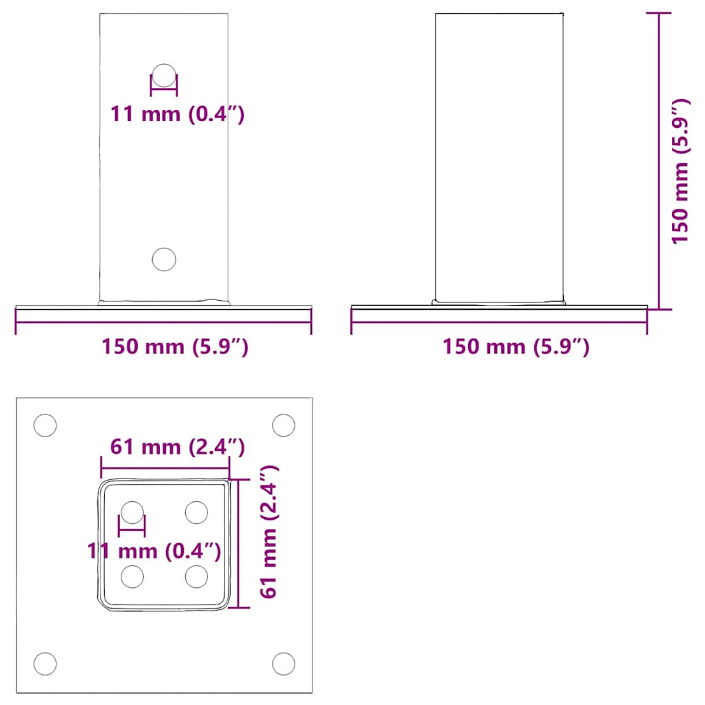 Postolja za stupove kvadratna 4 kom 61x61 mm pocinčani čelik