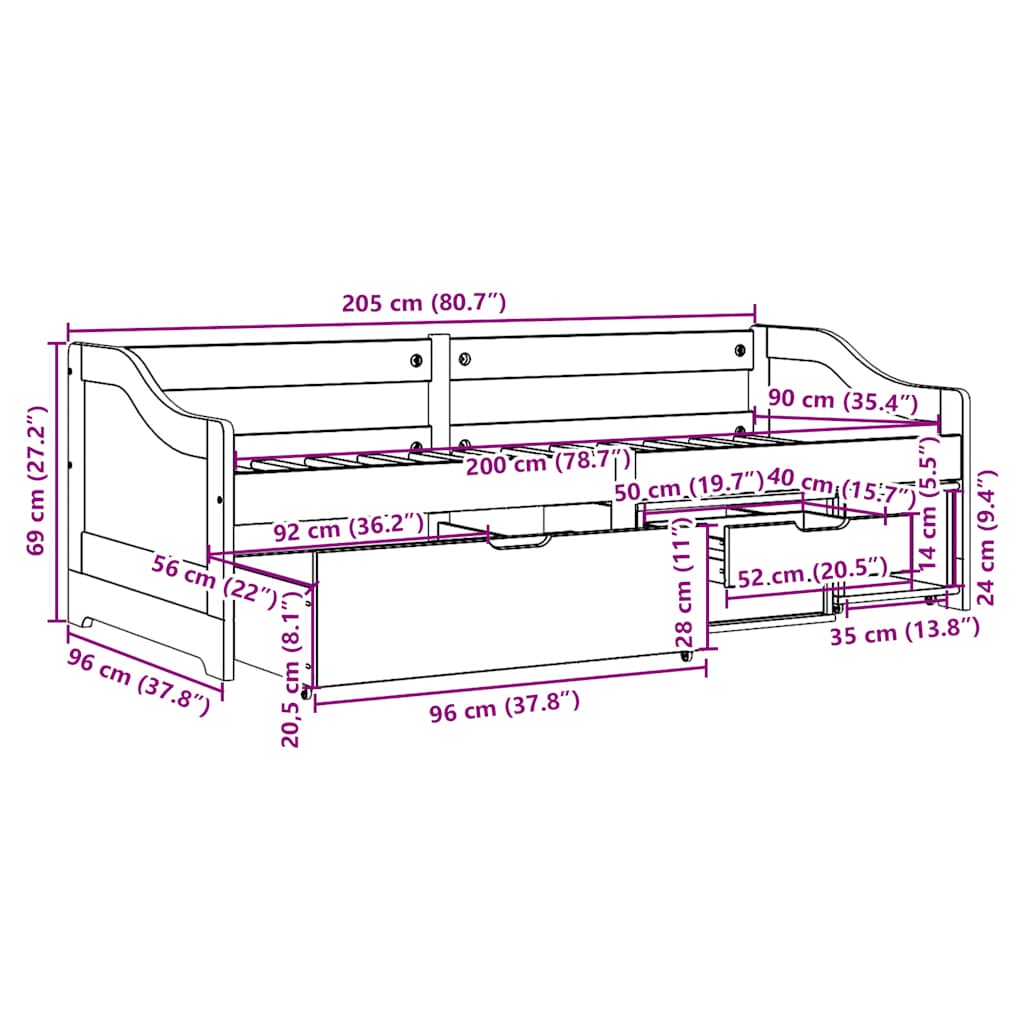 Dnevni krevet s 3 ladice bez madraca "IRUN" crni 90x200 cm