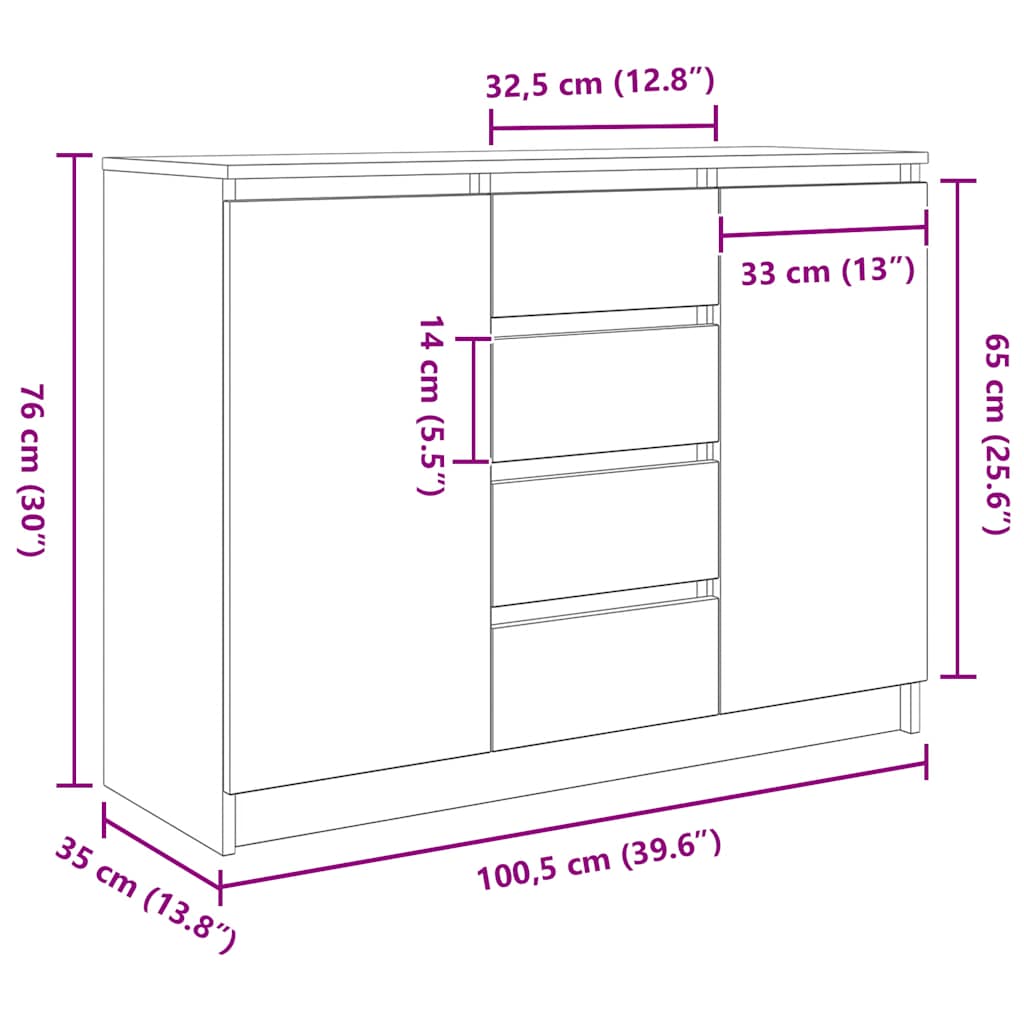 Komoda s ladicama crni hrast 100,5x35x76 cm konstruirano drvo