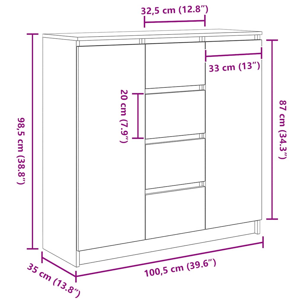 Komoda s ladicama crni hrast 100,5x35x98,5 cm konstruirano drvo