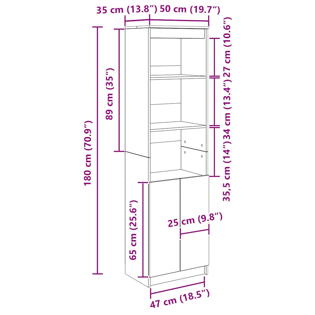 Visoka komoda hrasta artisana 50x35x180 cm konstruirano drvo