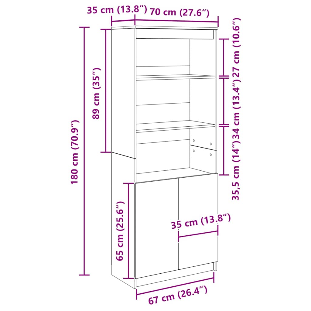 Visoka komoda crna hrast 70x35x180 cm od konstruiranog drva