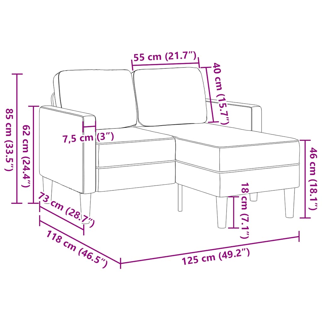 Sofa 2-sjed s ležaljkom u obliku slova L plava 125 cm tkanina