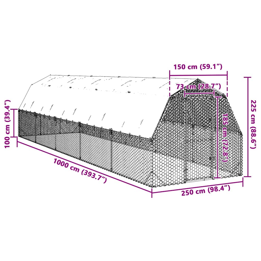 Kavez za kokoši s krovom 2,5x10x2,25 m pocinčani čelik