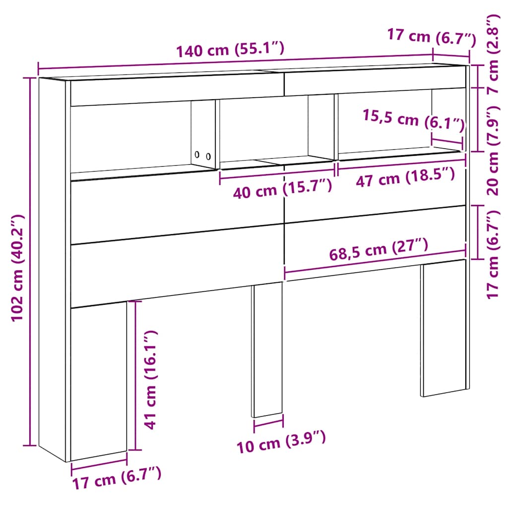 Ormarić za uzglavlje s LED svjetlima staro drvo 140x17x102 cm