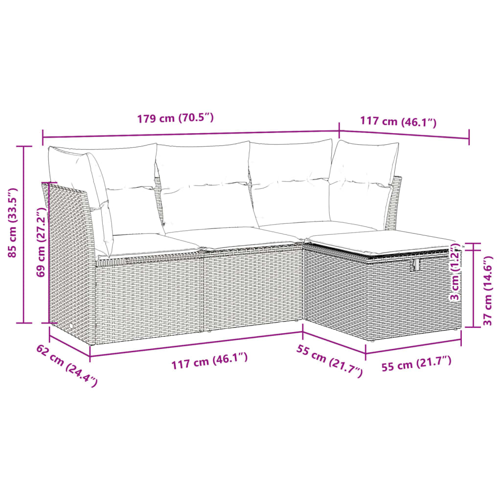 4-dijelni set vrtnih sofa od poliratana s jastucima crni