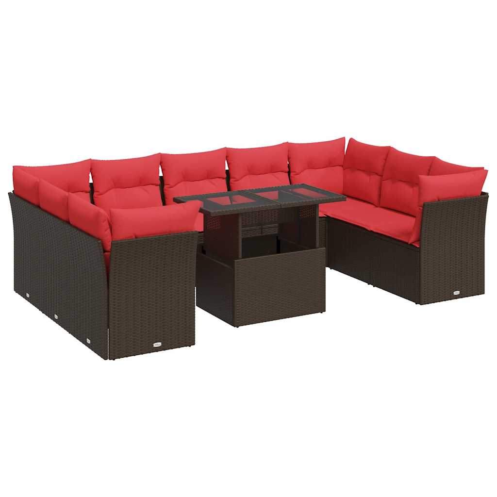Vrtni set od 10 dijelova s jastucima, smeđi poliratan, akacija