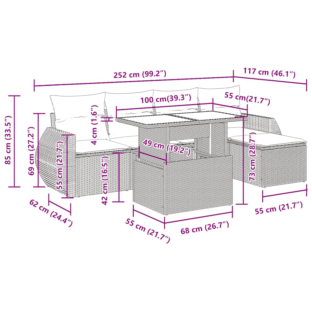 Vrtni set od 6 dijelova s jastucima, smeđi poliratan, akacija