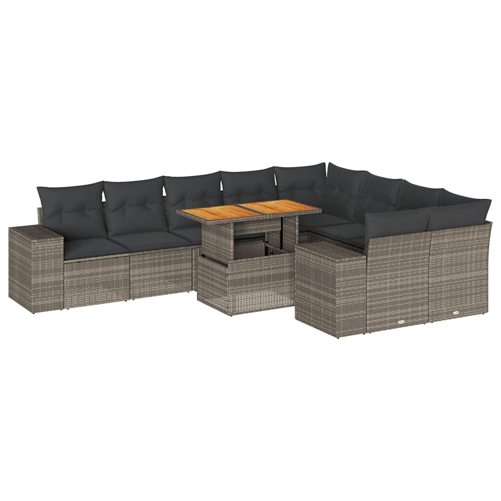 10-dijelni set vrtnih sofa poliratan i bagrem s jastucima sivi