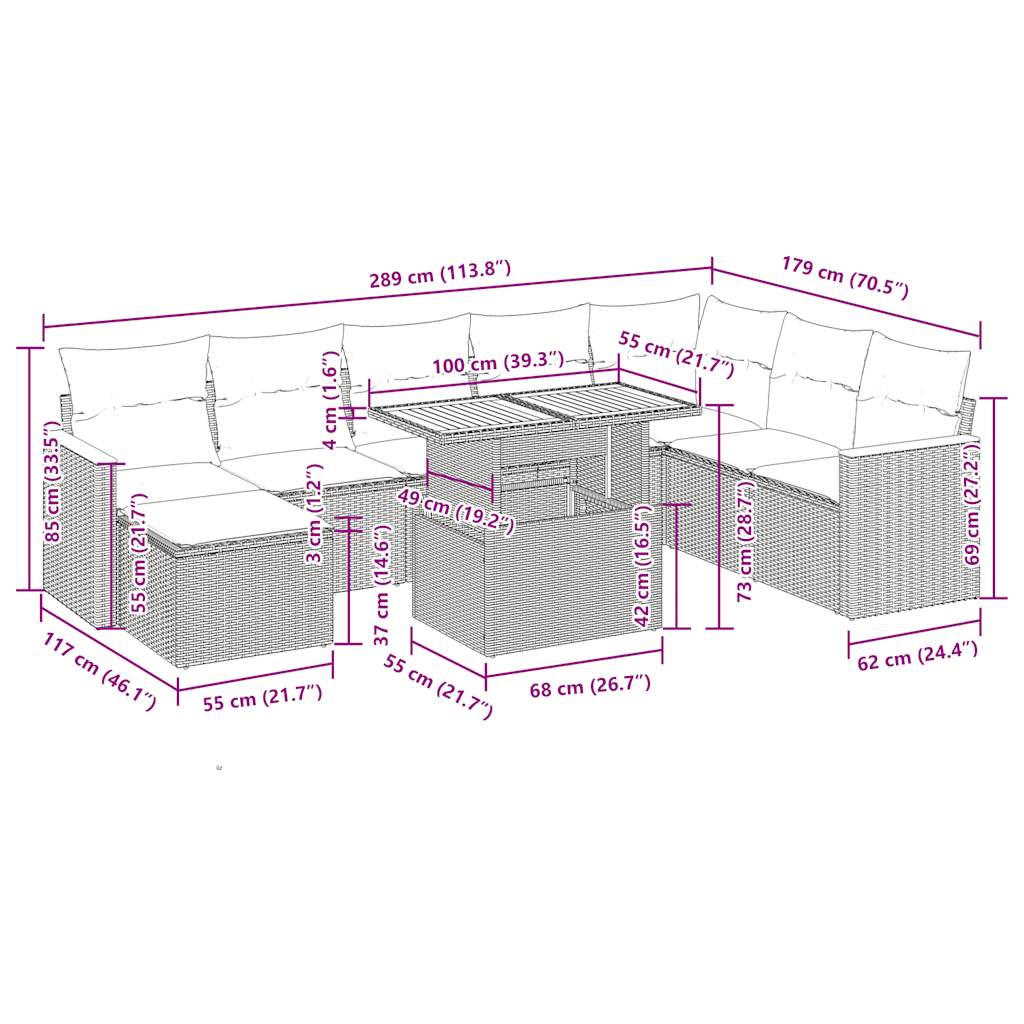 9-dijelni set vrtnih sofa s jastucima bež od poliratana bagrem