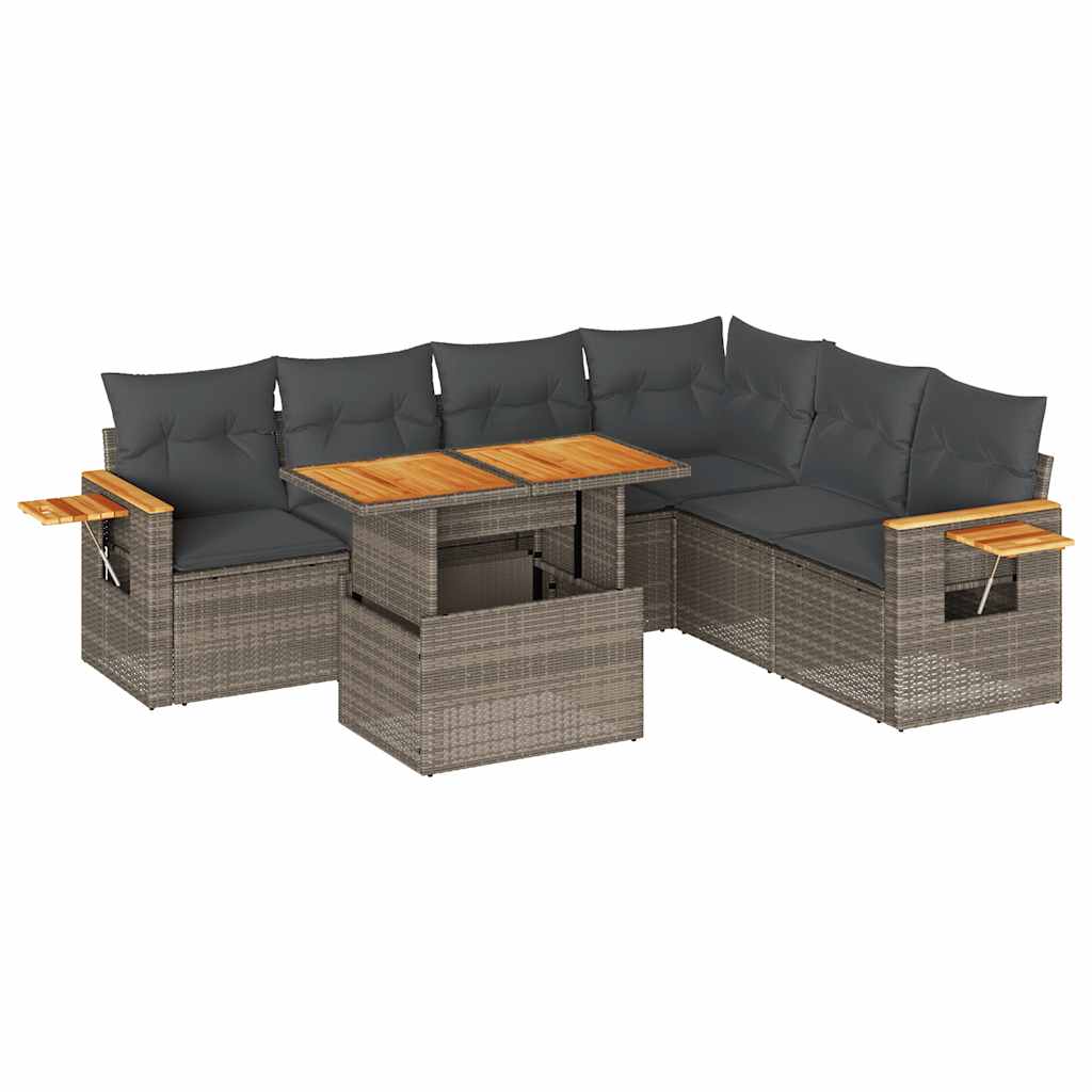 7-dijelni set vrtnih sofa poliratan i bagrem s jastucima sivi