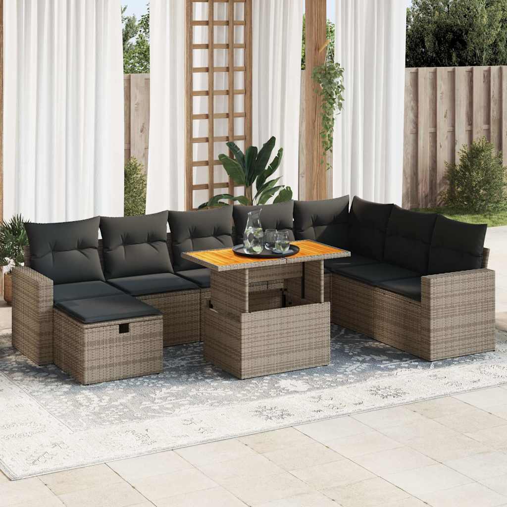 9-dijelni set vrtnih sofa poliratan i bagrem s jastucima sivi