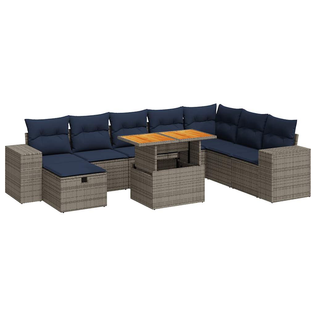 9-dijelni set vrtnih sofa poliratan i bagrem s jastucima sivi