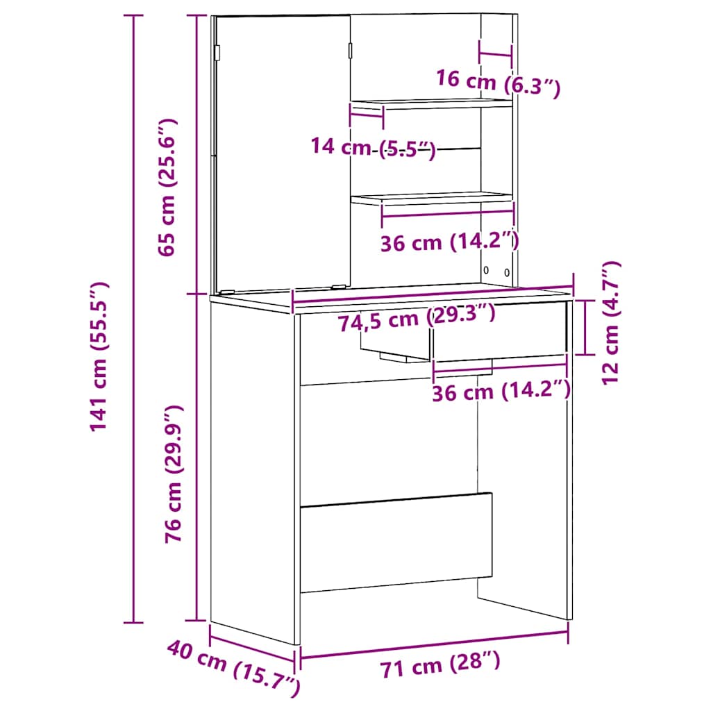 Toaletni stol Crni hrast 74,5 x 40 x 141 cm Konstruirano drvo