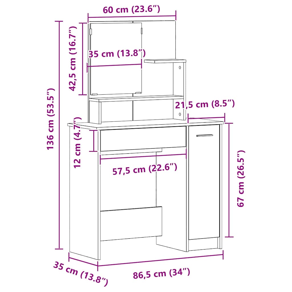 Toaletni stol Crni hrast 86,5 x 35 x 136 cm Konstruirano drvo