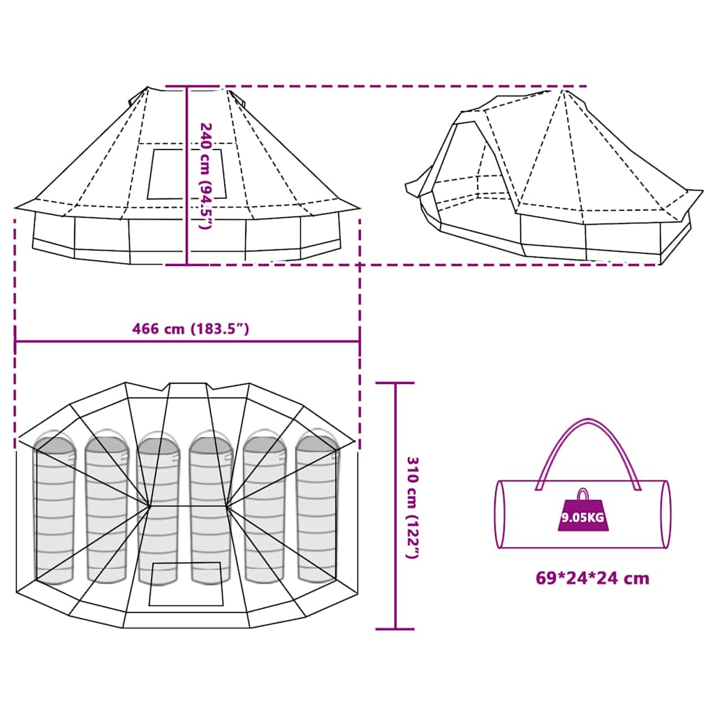 Tipi šator s krovom s pohranom Zelena 466 x 310 x 240 cm taft