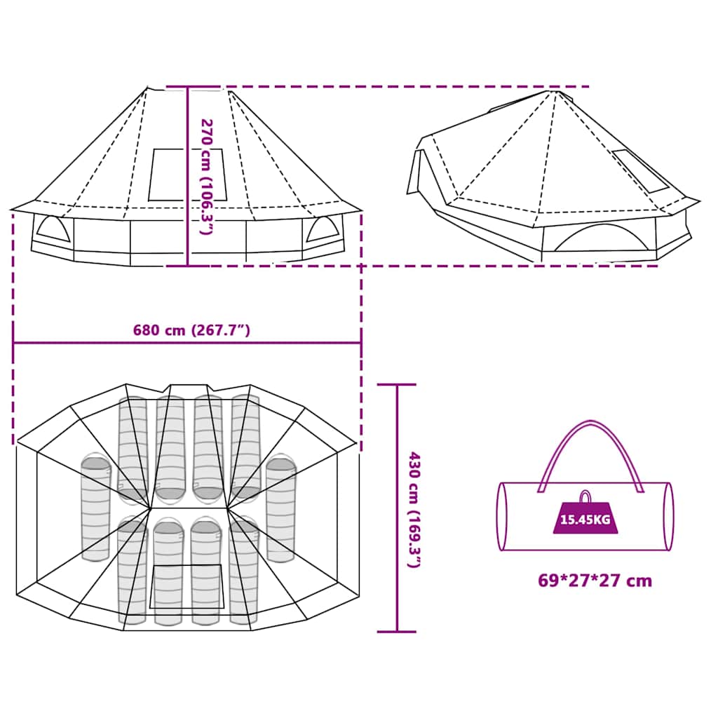 Tipi šator s krovom s pohranom Plava 680 x 430 x 270 cm taft