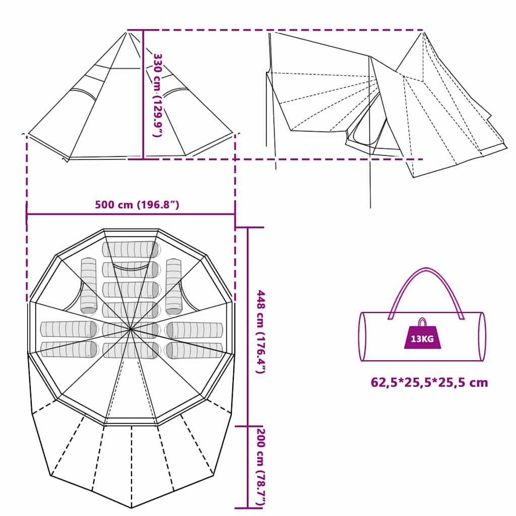 Tipi šator s krovom Siva i narančasta 510 x 690 x 330 cm taft
