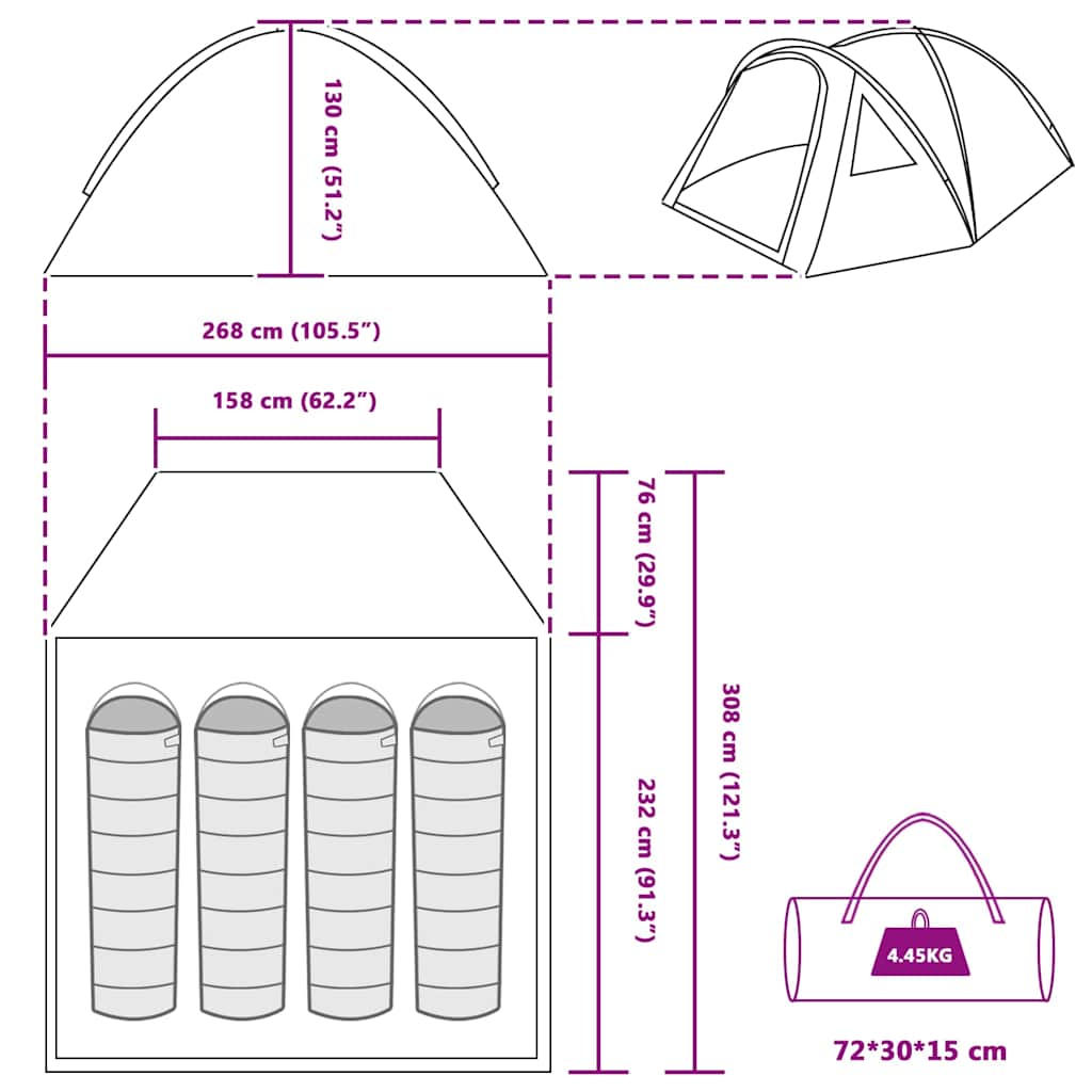 Kamping šator s krovom Plava 308 x 268 x 130 cm Poliester