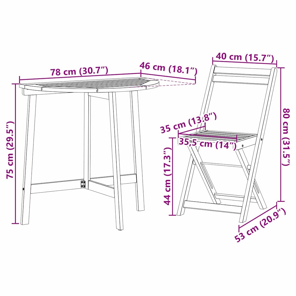 Bistro set 3 pcs Prirodna nafta Čvrsto drvo akacije