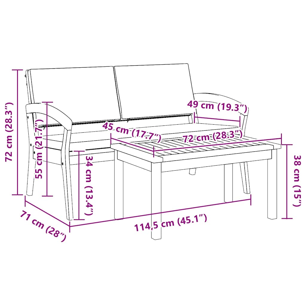 Bistro set s jastukom 2 pcs Prirodna nafta Čvrsto drvo akacije